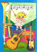 Fille musicienne au milieu des instruments